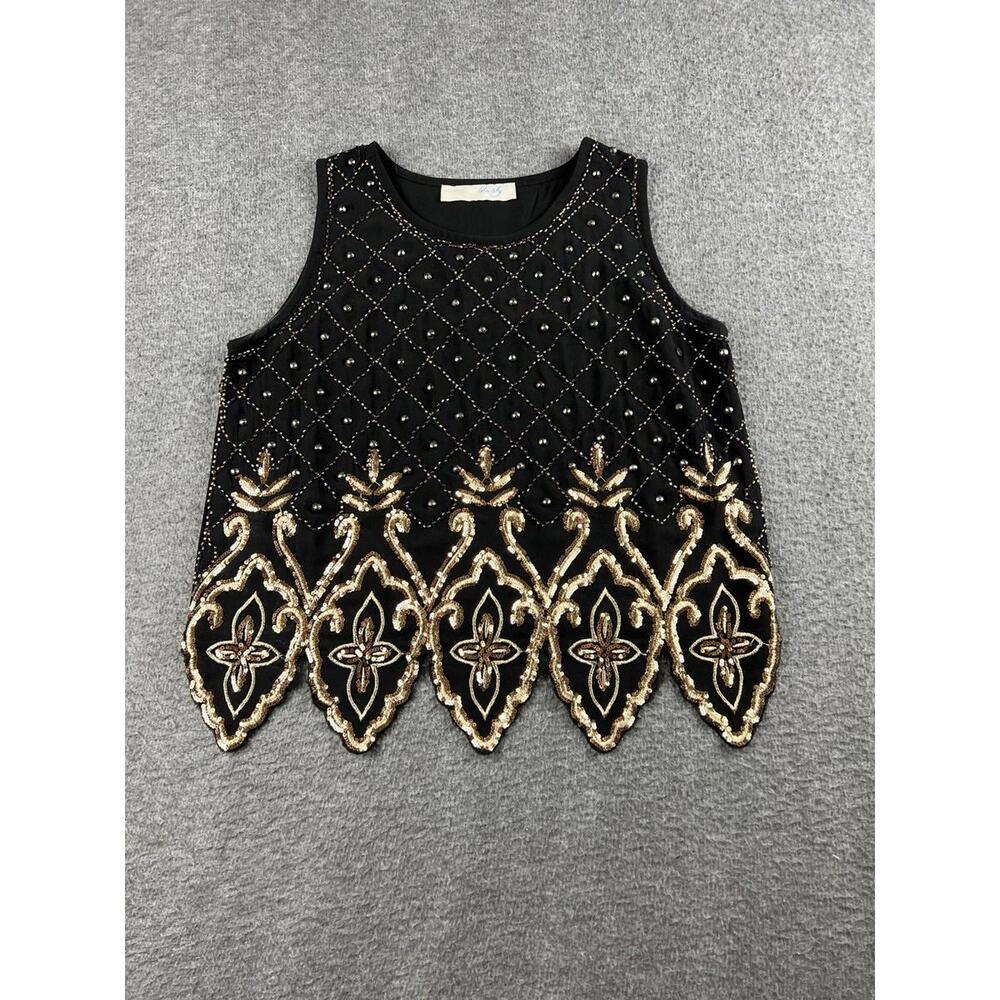 Lela‎ Sky Black Beaded and Sequin Embellished Sleeveless Tank Top Small